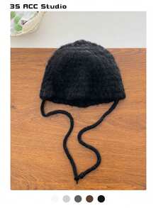 1 件纯色秋冬新款针织帽，女士系带小脸保暖针织混纺无檐帽，简约时尚可爱耳暖百搭渔夫帽