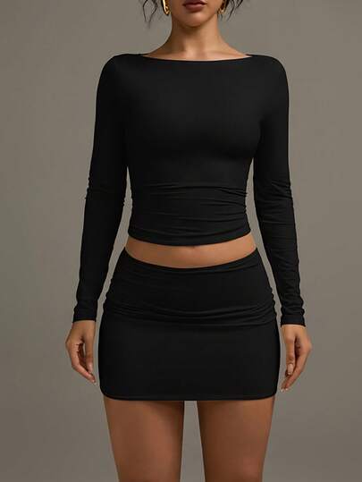 XLLAIS Women's Y2K Sexy Babe Basic Black Crop Top, Casual High Stretch Double-Layer Boat Neck Long Sleeve Fitted T-Shirt, Autumn/Winter New Year