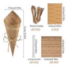 Kraft Paper Cones, 50 Pcs Wedding Confetti Cones Bouquet Petals Candy Bags Boxes Flower Holder With Hemp Ropes Label Stickers Tape, 15*15cm,Brown - 棕色 - 查看 3