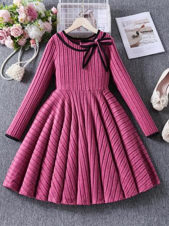 Girls Elegant Bow Collar Long Sleeve Dress, Suitable For Casual Daily Wear, Autumn