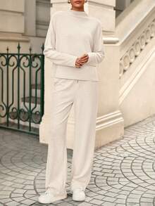 Women Fall Sweatsuits Two Piece Sets Mock Neck Long Sleeve Knit Tops Wide Leg Pants Lounge Set Travel Outfits - trắng - Xem 3