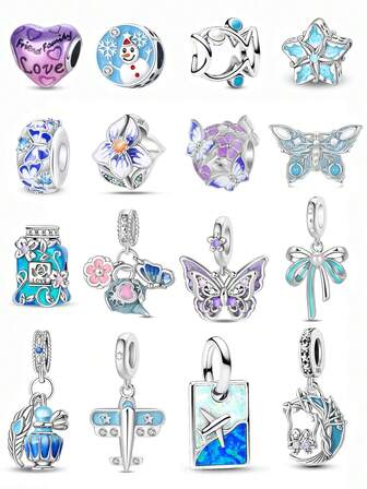 1 Pc Exquisite Blue Series With Hearts, Five-Pointed Stars, Flowers, Butterflies, Perfume, Teacups, Swings, Airplanes, Snowman Beaded Pendants For Women Bracelets Bangles DIY Jewelry Making And Daily Outfit Matching Jewelry Decoration For Girls Valentines