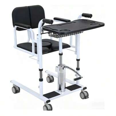 Elevador hidráulico para sillas de ruedas/pacientes de uso doméstico, equipado con una silla de transferencia con asiento dividido, silla de ducha/inodoro portátil junto a la cama y mesa