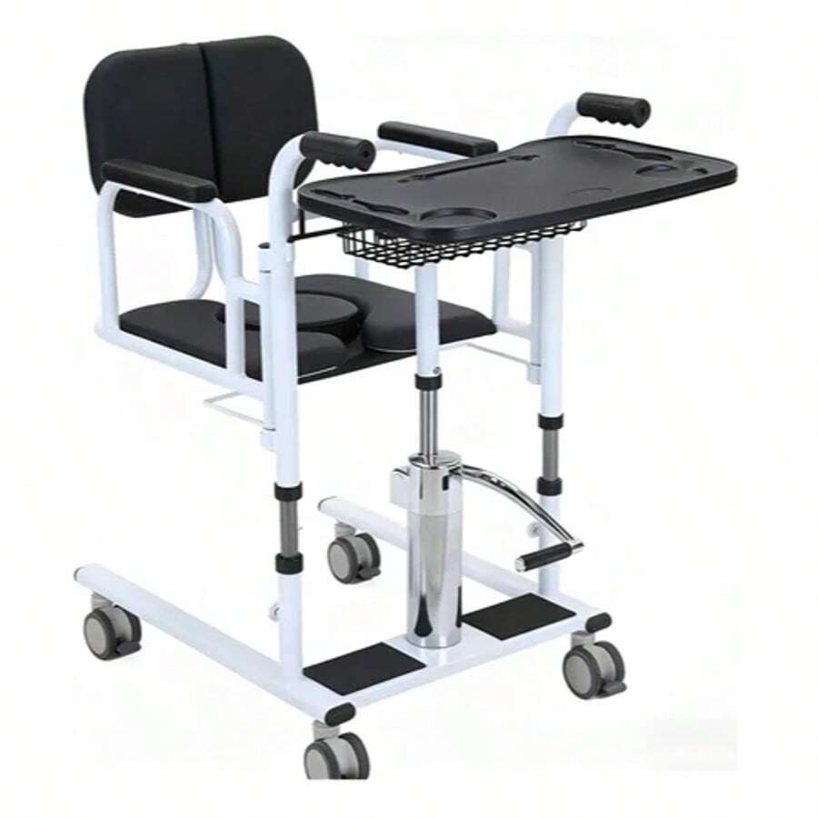 Elevador hidráulico para sillas de ruedas/pacientes de uso doméstico, equipado con una silla de transferencia con asiento dividido, silla de ducha/inodoro portátil junto a la cama y mesa - Negro - Ver 1