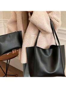 Minimalist One Shoulder Tote Bag With Inner Pocket, Black Vintage Tote Bag, Large Capacity Solid Color Shoulder Bag With Inner Pocket, Backpack, Large Capacity, Portable, Classic Casual, Business Casual, Suitable For Teenage Girls, Women, College Students, White-Collar Workers, Perfect For Work, Back To School, Middle School, High School, College, Vacation And Other Occasions. - Black - View 2