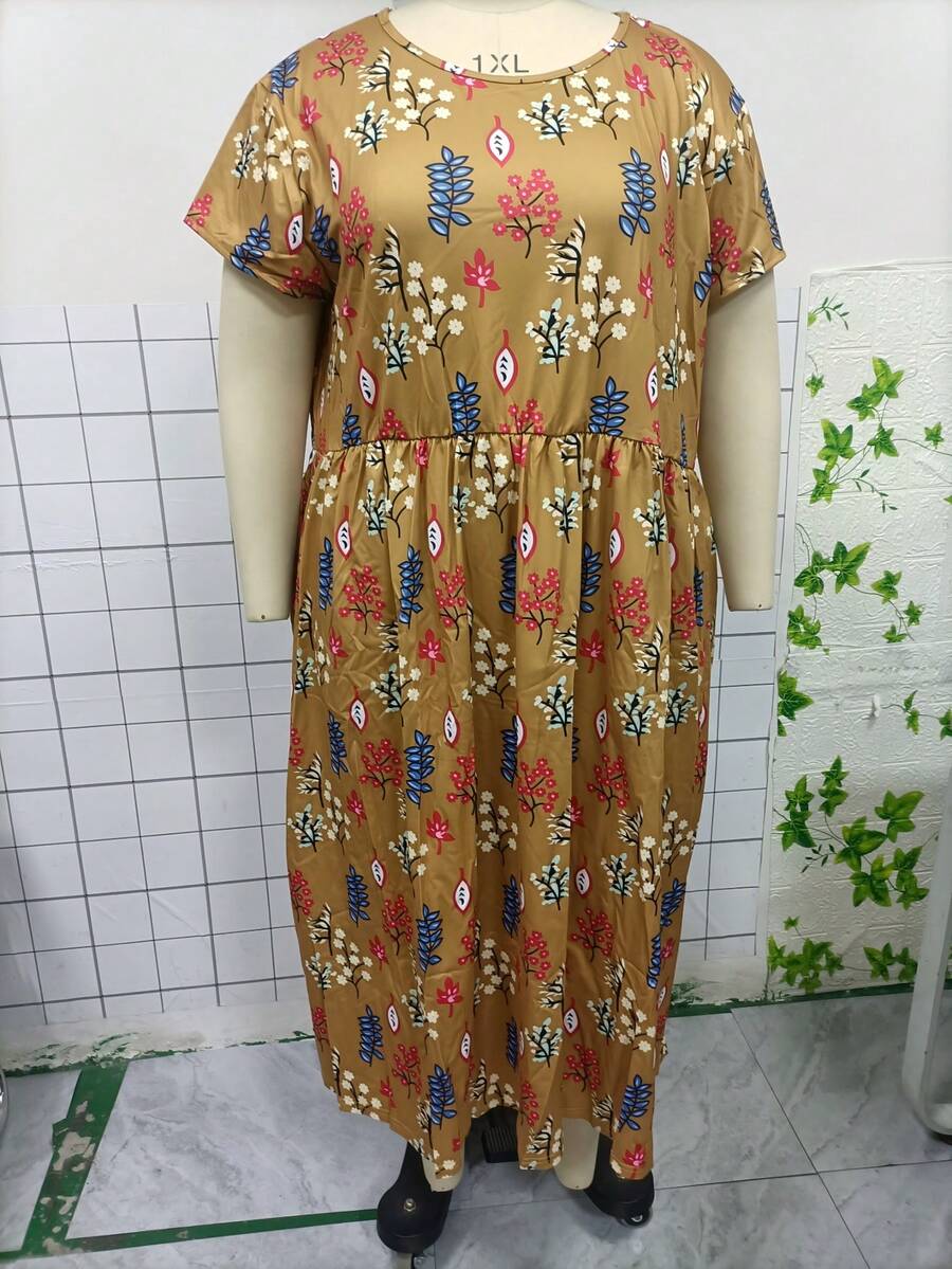 Đầm họa tiết hoa cỡ lớn cho nữ cổ tròn, eo nhún, thường ngày, váy thường ngày cho phụ nữ lớn tuổi - Nhiều màu - Xem 1