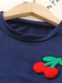 Girls' Cherry Graphic Crew Neck Long Sleeve Sweatshirt And Loose Straight Leg Sweatpants Set, Fashion New Style, Spring/Autumn - Royal Blue - View 2