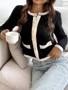 MORI Colorblock Round Neck Long Sleeve Knit Sweater, New Minimalist Fashionable Elegant Commuter Style Cardigan, Casual Versatile Daily Jacket, Knitwear Outerwear, Must-Have For New Year - Black - View 3