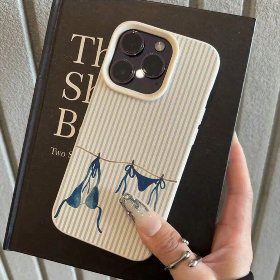 1pc TPU Material Elegant Blue Striped Bikini Pattern Phone Case Compatible With IPhone 17 Pro Max/17/16 Pro Max/15/13/12/11, S20 FE/A15/S24/A55, Redmi Note 11/Note 12/Note 13 Pro, Full Body Shockproof Soft Protective Cover - White - View 1