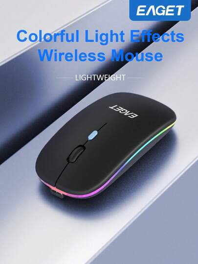 EAGET Souris sans fil portable et silencieuse, 2,4G LED, compatible avec ordinateur portable et tablette, souris sans fil à double mode, rétroéclairage RVB 7 couleurs, souris sans fil alimentée par batterie