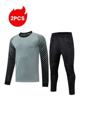 2 piezas/Set Camiseta de portero de fútbol con coderas, adecuada para correr, entrenar y partidos - Camiseta de manga larga transpirable y de secado rápido con rayas geométricas de color + Pantalones de portero con cintura elástica protectora