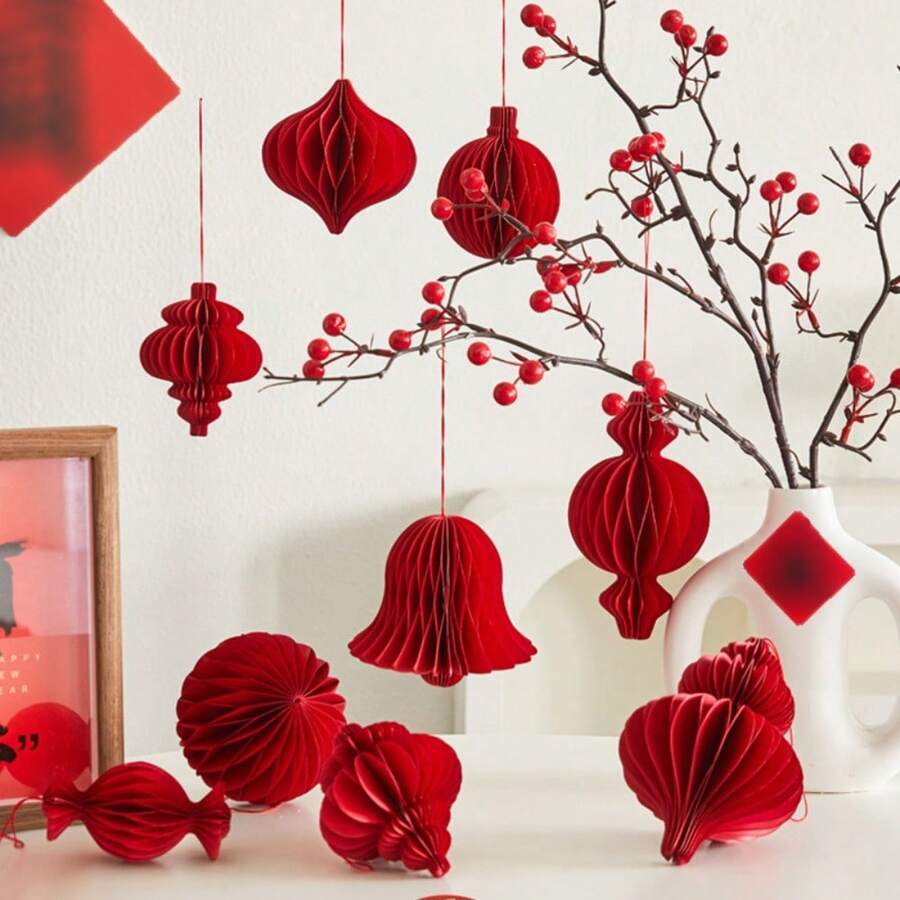 1个红色纸蜂窝灯笼装饰品，中国新年挂饰套装，无需用电，适用于婚礼、新娘送礼会、生日、周年纪念日、情人节 - 紅色 - 查看 1