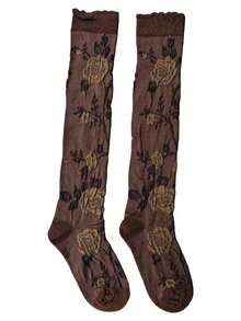 1双玫瑰花图案摩卡色女士过膝袜，秋冬季，法式复古优雅设计，舒适保暖。 - 彩色 - 查看 10