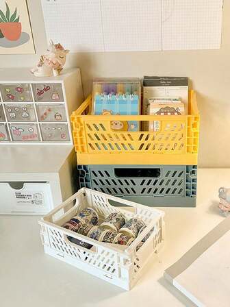 1pc Folding Storage Basket, Collapsible Desktop Storage Box, Student Stationery Storage Basket, Sundries Cosmetic Storage Basket, Stackable Small Basket