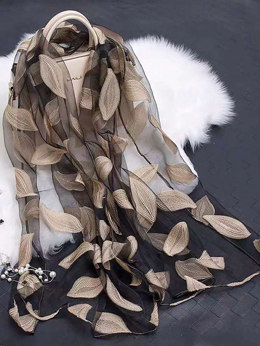 1pc Beige Cutout Leaf Pattern Scarf, Women Shawl, Suitable For Outings, Parties, All Seasons - Beige - View 1
