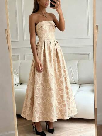 女士优雅提花抹胸连衣裙，适合派对穿着