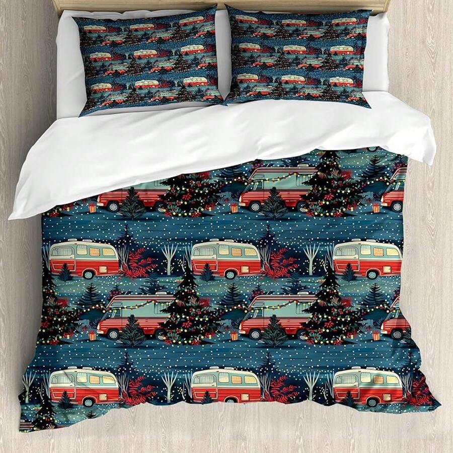 Winter Duvet Cover Set, Merry Theme Delicate Snowflakes, Vintage Holiday Pattern, 3 Piece Bedding Set With 2 Pillow Shams, Size, Teal White - 夜藍色和亮粉色 - 查看 1