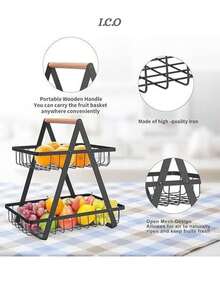 Frutero de 2 Niveles de Metal Con Bandeja Desmontable - Soporte Para Frutas - Negro - Ver 2