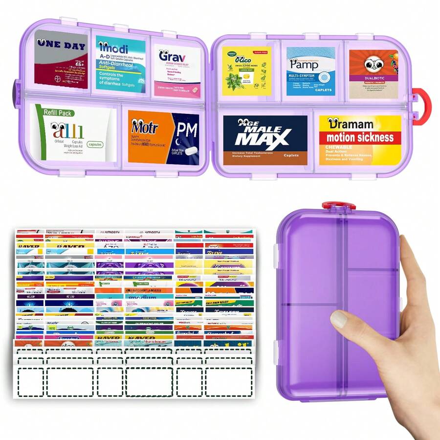 Pill Organizer Medicine Organizer Travel Essentials - Travel Pill Case With Labels, Large Daily Medicine Dispenser - Purple - View 1