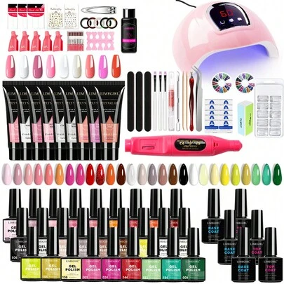 Kit de esmalte de uñas de Gel de LIMEGIRL, conjunto de colores sólidos Kit de Gel de uñas de poli con perforación de uñas de luz UV y herramienta de manicde Base capa capa superior, de secado rápido de alto brillo, de primavera verde roja y de verano Gel de esmalte de uñas de salón de calidad rosa y Gel constructor de Gel de extensión de uñas desnudo, equipo de arte de uñas perfecto para salones de uñas de bricolaje en casa