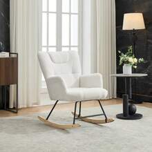 Schaukelstuhl Ergonomisch Incl. Fußhocker, Stabilizer Gummiholzrahmen, White, Der Um 30 Grad Schaukeln Kann, Stuhl Mit Hoher Rückenlehne & Fußstütze, Relaxsessel, Gepolsterter Relaxsessel Für Wohnzimmer - White - View 3