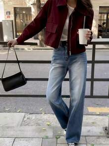 女士短款休闲外套，翻领设计，纯色梭织面料，带口袋，前拉链，适合上学、度假、办公、居家、秋冬季穿着。 - 深紅色 - 查看 2