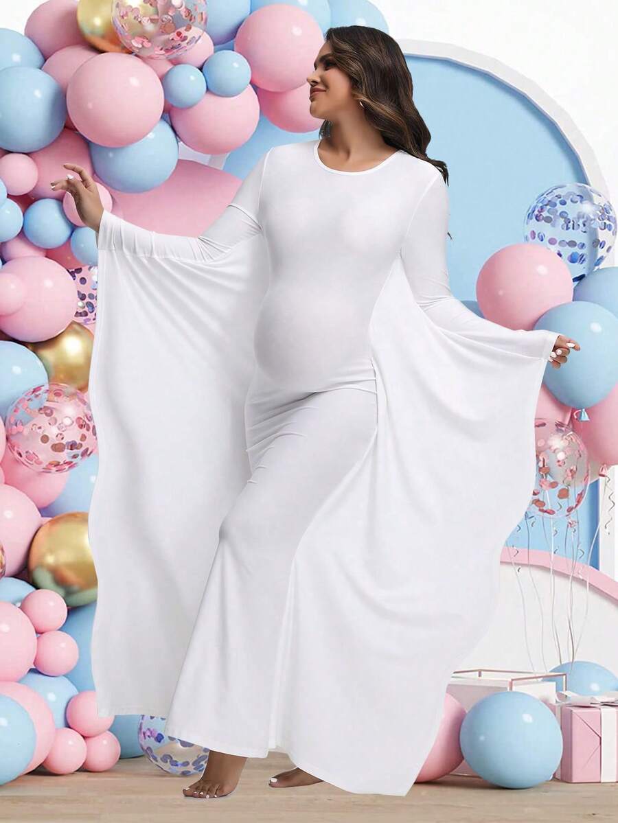 Maternity Batwing Sleeve Photography Long Dress For Photoshoot Pregnant Women Baby Shower Gown - White - View 1
