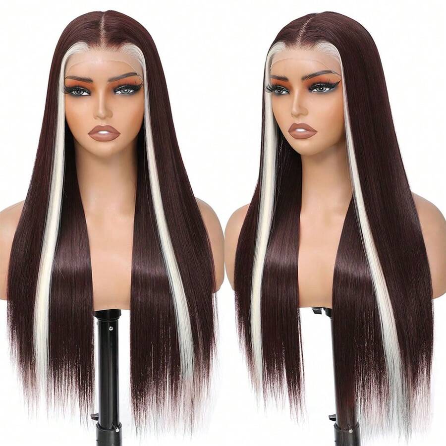 13x4 Lace Front Wig For Women Black Glueless Wig Synthetic Lace Wig Pre Plucked HD Lace Straight Wig Ready To Wear Long Straight Brown And Blonde Wig 28inch - Sọc Skunk vàng - Xem 1