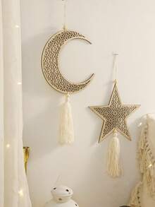 1 Stück/2 Stücke Set beige Mond & Stern geschnitzter hölzerner Hängedekoration, bohemian nordischer Stil Cut Out leichter Dekoartikel mit Quaste, natürliche Holzmaserung Mondsichel & Stern geformte Wanddekoration, geeignet für Zuhause Wohnzimmer, Schlafzimmer, Fensterecke, Flur, Eingang, Partyhintergrund, Atmosphärenbeleuchtung, Fotografie-Requisiten, Wandkunst - Beige - Übersicht 11