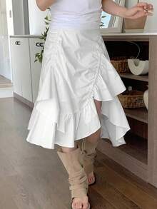 Asymmetrical Ruffle Hem Fish Tail Skirt, High Waist Slimming Skirt - White - View 4