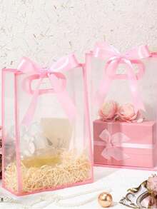 1/3/6个装透明礼品袋，带丝带，可重复使用透明塑料礼品袋，带模切手柄，适用于毕业典礼、婚礼、新娘送礼会、生日派对、商务场合等。