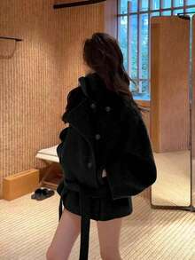 女士休闲保暖棕色立领丝绒高品质短款厚衬羊毛大衣 - 黑色 - 查看 4