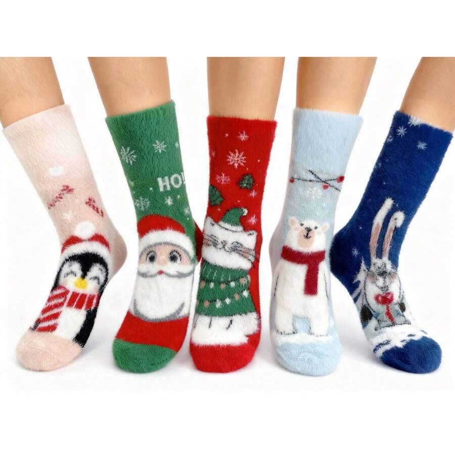 Christmas Stockings, Winter Warm Mid-Calf Socks - Mixed Colors 5pcs - View 1