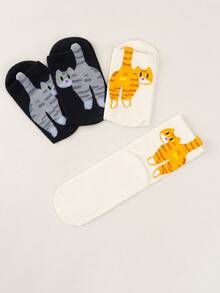 2双春秋季可爱女生日常外出吸睛猫屁股装饰柔软透气卡通风格短袜休闲穿搭闺蜜聚会猫咪袜 - 黑與白 - 查看 7