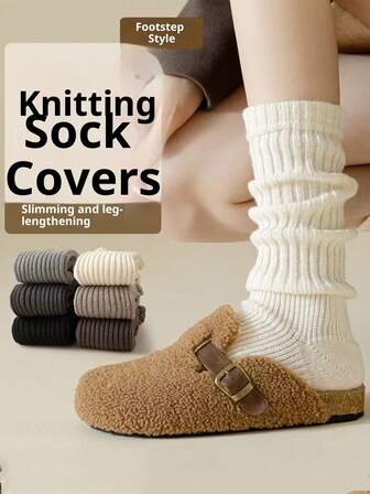 Women's Cozy Knitted Leg Warmers, White Thick Modify Leg Shape, Slim Legs, Japanese Style, Suitable For Spring And Autumn