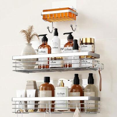 Wall-Mounted Adhesive Shower Caddy With 5 Hooks And Soap Dish Holder Shelf For Bathroom And Kitchen Storage No Drilling Stainless Steel Organizer Basket With 3-Pack Silver Design Ideal For Small Spaces And Moisture-Resistant Environments