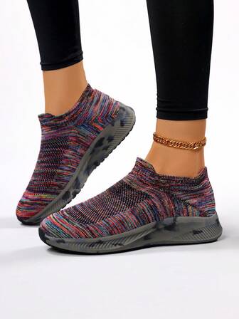 Dam Flerfärgade Stickade Slip-On Sneakers Andningsbara Bekväma Casual Walking Skor