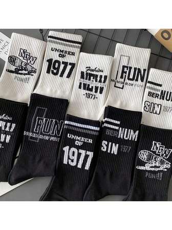 5双男士中筒袜，适合秋冬季节，水手风，防臭，百搭，美式运动字母设计，高筒袜，INS风格，全年皆可穿着