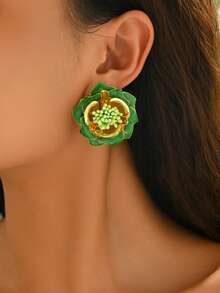 1 Paar elegante mehrschichtige 3D Rosen Blumen Ohrringe, schicker Küstenurlaubsstil, leichte Blumen Ohrringe geeignet für den täglichen und Urlaubsgebrauch von Frauen - Grün - Übersicht 2