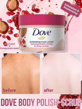  Exfoliante corporal DOVE, exfoliación suave, limpieza profunda, mejora la textura de la piel, con extracto de semilla de granada y éster de manteca de karité, contiene 1/4 de leche nutritiva Dove, hidrata, calma la piel, aroma reconfortante, alivia la sequedad, mejora la elasticidad, ilumina el tono de la piel, piel seca, piel áspera, complexión apagada, piel que necesita cuidado, baño, cuidado en el hogar, uso en viajes