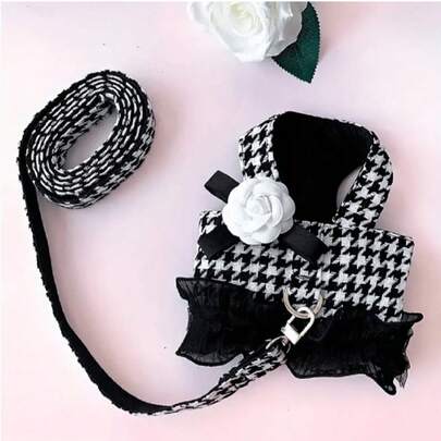 Plaid Pet Chest Harness, Houndstooth Puppy Lead Vest For Dog/Cat, Suitable For Teddy/Poodle, Detachable Flower Decoration (Slight Imperfections Or Minor Stains On The Flower Decor May Occur Due To The Complex Manufacturing Process, But Do Not Affect The Overall Appearance Or Usability)