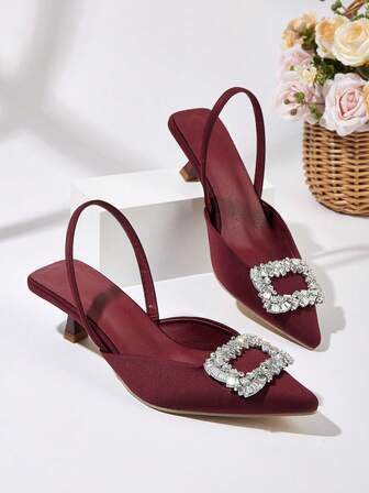 Women's Rhinestone Embellished Burgundy Elegant High Heel Shoes, Pointed Toe Open Heel Sandals With Ankle Strap, Suitable For Evening Parties, Commuting