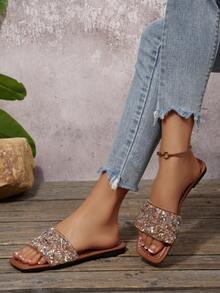 Sandales à enfiler ornées de strass, légères et antidérapantes, convenant pour la plage, le port casual, l'intérieur, les grandes tailles, nouveau design pailleté à la mode - Tabac - Voir 4