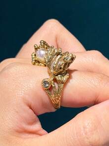 1pc Vintage Antique Bronze 18K Gold Plated Natural Pearl Freshwater Flower Design French Elegant Women's Ring - 銅色 - 查看 4