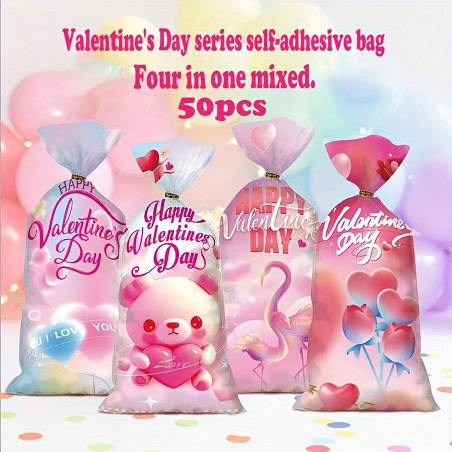 50pcs/Pack Valentine's Day Gift Packaging Bags, 4-In-1 Flat Pouch, Universal Holiday Celebration Candy Bags, Non-Food Contact Gift Bags, Holiday Party Packaging Bags - Multicolor - View 1