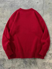 ANDREILEE 男女通用休闲圆领长袖美国国旗针织套头毛衣，冬季百搭 - 紅色 - 查看 2