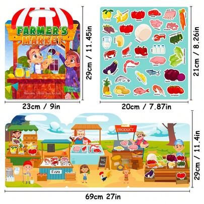 Lachilly 儿童可重复使用贴纸书，30+张贴纸，农贸市场场景并排涂色页，早教玩具，趣味幼儿旅行活动涂色贴纸书，适合3-6岁男孩女孩，生日礼物，蒙特梭利幼儿玩具，公路旅行必备
