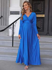 Irresista Maternity Simple Solid Color V-Neck Long Sleeve Dress - Blue - View 3
