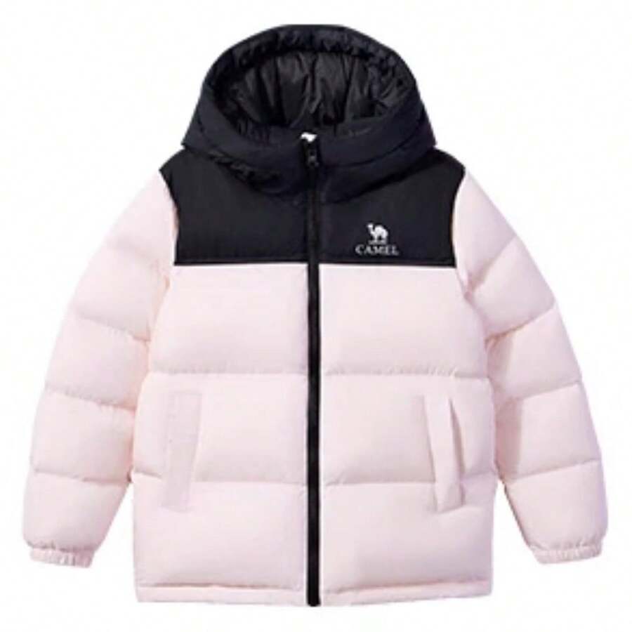 CAMEL CROWN Chaqueta de plumón para niños, con acolchado de plumón, cálida, a prueba de viento, antiestática, con capucha, con cremallera, adecuada para el invierno. - Negro Fantasma/Rosa Soñador - Ver 1
