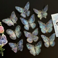 10pcs Laser Hot Stamping Butterfly Wall Stickers, Three-Dimensional Exquisite PET Retro Decoration, Handmade Tent DIY Stickers, Bedroom Creative Decoration - 天藍色 - 查看 13